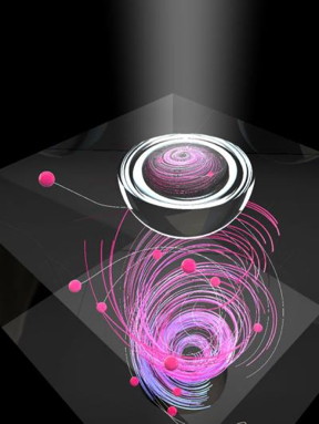 This is an artist's concept of optically-generated non-thermalized electrons and their collection in a ferroelectric crystal. An intense screening field results in impact ionization, enabling an unexpectedly high conversion efficiency.
CREDIT: Ella Marushchenko