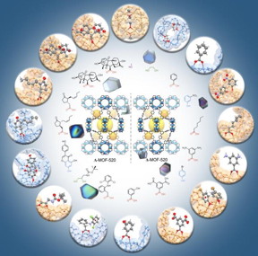 This illustration shows the structure of 16 molecules that were studied while bound to metal-organic frameworks (MOFs) that exhibit handedness. The frameworks stabilized the molecules for study with X-rays.
Credit: S. Lee, E. Kapustin, O. Yaghi/Berkeley Lab and UC Berkeley