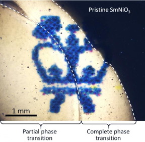 The picture shows a layer of phase-transition material SmNiO3 placed on top of a Columbia Engineering School logo. The transparency of the material can be controlled by electron doping under ambient conditions. Pristine SmNiO3 is opaque; partial phase-transition makes the material translucent, and complete phase-transition makes it transparent.
CREDIT: Nanfang Yu, Columbia Engineering