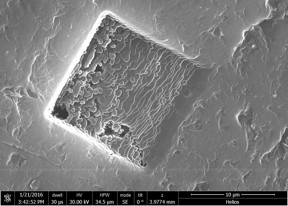 A focused ion beam microscope image shows 3-D graphene layers welded together in a block. The material is biocompatible and its material properties meet the standards necessary for consideration as a bone implant, according to researchers at Rice University.
CREDIT: Ajayan Group/Rice University