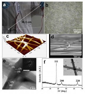 Left, photograph of a large-scale silver nanowire-coated flexible film. Right, silver nanowire particles viewed under the microscope.
CREDIT
S.K. Yoon, Korea University