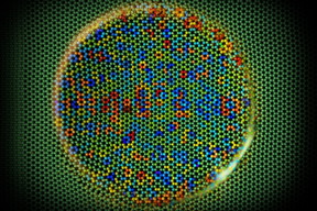 Images produced from computer simulations show the response of a graphene surface as a silicon tip slides over it. Relative forces of atomic friction on the surface are shown by colors: Red points are pushing sites that help propel the tip along the surface, while blue points are pinning sites of greater friction that inhibit the tips motion.

Courtesy of the researchers