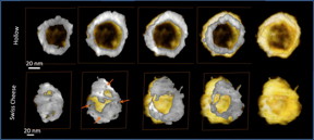 A comparison of two different oxidation results in nickel-cobalt nanoparticles. While a small percentage of the particles form hollow spheres (top), the vast majority form a porous Swiss-cheese-like structure (bottom) that has much greater surface area for the same volume.
CREDIT
Brookhaven National Laboratory