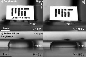 New MIT research could offer a way of making tiny movable parts with no solid connections between the pieces, potentially eliminating a major source of wear and failure in microelectromechanical machines. The new system uses a layer of liquid droplets to support a tiny, movable platform.

Image: Daniel Preston/Device Research Lab