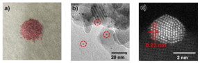 This image shows a) Gold nanoparticle catalyst (Au/HAP-NC), b) Images of gold nanoparticles (black dot in red circle) through Transmission Electron Microscope, c) Annular Dark Field of gold nanoparticles through Scanning Electron Microscope.
CREDIT
Osaka University