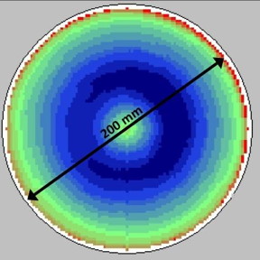 This is a GaN on 200 mm Si wafer thickness mapping image.
CREDIT
University of Illinois