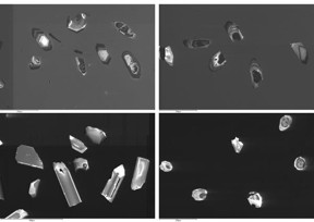 A selection of CL images of zircons showing oscillatory zoning, complex internal structures and core/rim relationships. (Images courtesy of Juliane Hennig & Tim Breitfeld, RHUL).