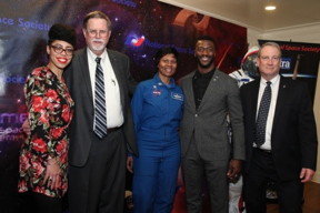 Dr. Knatokie Ford, White House Sr. Policy Advisor, Mark Hopkins, Chair of NSS Executive Committee, Astronaut Yvonnne Cagle, Aldis Hodge, Actor, Hidden Figures, and Bruce Pittman, NSS Senior Vice President celebrating Hidden Figures success.