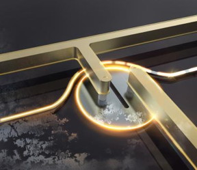 This is an illustration of a silicon photonic micro-disk modulator operating at cryogenic temperatures. Light traveling down the silicon waveguide couples to the resonance of the micro-disk cavity. An electrical signal applied to the disk shifts the resonance and as a result modulates the light passing through the waveguide. (Rendered by Hanqing Kuang)
CREDIT
Michael Gehl, Sandia National Laboratories