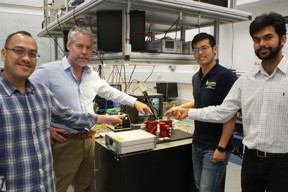 Researchers David Marpaung, Benjamin Eggleton, Yang Liu and Amol Choudhary pointing at a thumbnail-size chip being evaluated in the broadband microwave testbed, inside the Sydney Nanoscience Hub.
CREDIT
University of Sydney