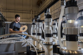 Sandia National Laboratories technologist Joshua Usher loads a nanoparticle-loaded target in the main power flow section of Veloce, a powerful Sandia pulsed-power generator.
CREDIT
Randy Montoya, Sandia National Laboratories