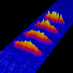 The orange and yellow stripes in this composite image depict matter waves from different experimental runs in the Hulet Lab at Rice University. The stripes show how matter waves change due to rapid magnetic shifts that bring about modulational instability. The left line shows a matter wave before magnetic switching. Subsequent images (to left) show how both repulsive to attractive fluctuations become amplified in the wave. Clear signs of deviations from the initial solid shape can be seen in the third image, and the peaks and valleys in the far left image show how the wave morphs into a "soliton train," a set of standing waves. (Image courtesy of J. Nguyen/Rice University)