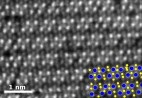 This is a high-angle annular dark-field image of pure rhenium diselenide. In the key at bottom right, rhenium atoms are blue and selenium atoms yellow.
CREDIT
Oak Ridge National Laboratory