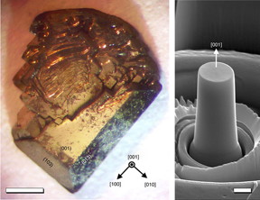 A single crystal of CaFe2As2 (scale bar 1 mm). Right: a micropillar of CaFe2As2, used to test its elasticity  (scale bar 1 μm)