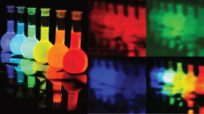 Original image (left) and corresponding portrayal of the red, green and blue regions, and a composite image. Image: Empa
