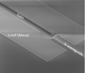 Tilted scanning electron microscopy view of the III-V/Si DFB laser after the IIIV patterning steps.
