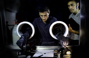 Sandia National Laboratories researchers Forrest Gittleson, left, and Farid El Gabaly investigate the nanoscale chemistry of solid-state batteries, focusing on the region where electrodes and electrolytes make contact.
CREDIT
Dino Vournas