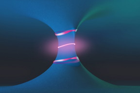 A drawing illustrates the unusual topological landscape around a pair of features known as exceptional points (red dots), showing the emergence of a Fermi arc (pink line at center), and exotic polarization contours that form a Mobius-strip-like texture (top and bottom strips).

Courtesy of the researchers