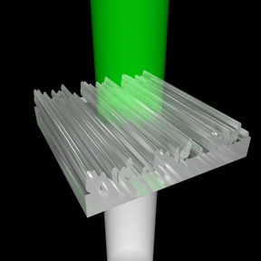 Light hits the 3-D printed nanostructures from below. After it is transmitted through, the viewer sees only green light -- the remaining colors are redirected.

CREDIT
Thomas Auzinger