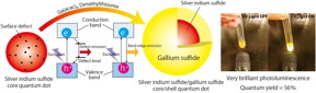 These are structures of silver indium sulfide/gallium sulfide core/shell quantum dots and pictures of the core/shell quantum dots under room light.

CREDIT
Osaka University