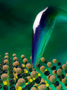 Figure 1: 3D representation of the AFM nanometric tip used to obtain the direct piezoelectric characteristic of a thin film ferroelectric material. The BFO ferroelectric material, with perovskite crystal structure, was used to demonstrate that the direct effect takes a role at the nanoscale level.