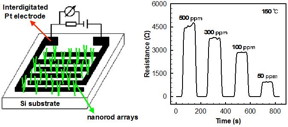 A schematic illustration of the gas sensor device based on the hybrid nanorod arrays. The real time resistance versus time of the vertically aligned WO3-CuO core-shell nanorod arrays-based gas sensor to varied concentrations of NH3 decreasing from 500 ppm to 50 ppm at 150 ?. The resistance of the WO3-CuO hybrid increases upon exposure to NH3, consistent with p-type semiconductor behavior. The response of the hybrid sample increasing with increasing NH3 concentration at 150. The response and recovery times range from 10 to 15 s for all NH3 concentrations.

CREDIT
Author