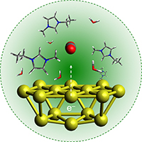 Under green light and assisted by an ionic liquid, gold nanoparticles, bottom, lend electrons to convert CO2 molecules, the red and grey spheres in the center, to more complex hydrocarbon fuel molecules.

Graphic courtesy Sungju Yu, Jain Lab at University of Illinois at Urbana-Champaign