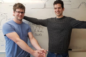 Simon Fraser University physics graduate student Steven Large, left, and professor David Sivak model the folded and unfolded states of a DNA hairpin.

CREDIT
SFU