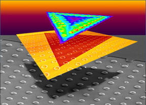 Strain-tolerant, triangular, monolayer crystals of WS2 were grown on SiO2 substrates patterned with donut-shaped pillars, as shown in scanning electron microscope (bottom) and atomic force microscope (middle) image elements. The curvature of the pillars induced strain in the overlying crystals that locally altered their optoelectronic properties, as shown in bright regions of photoluminescence (top).

CREDIT
Christopher Rouleau/Oak Ridge National Laboratory, US Dept. of Energy