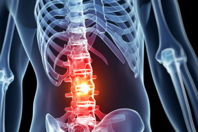 Illustration of the human body showing the skeletal system, with the lower spine highlighted in red to indicate pain spots. Image courtesy: Michigan Engineering

