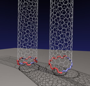 Rice University researchers have determined that an odd, two-faced "Janus" edge is more common than previously thought for carbon nanotubes growing on a rigid catalyst. The conventional nanotube at left has facets that form a circle, allowing the nanotube to grow straight up from the catalyst. But they discovered the nanotube at right, with a tilted Janus edge that has segregated sections of zigzag and armchair configurations, is far more energetically favored when growing carbon nanotubes via chemical vapor deposition. (Credit: Illustration by Evgeni Penev/Rice University)