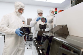 Professors Karl Hirschman, Stefan Preble and Seth Hubbard work in the SMFL developing and fabricating integrated circuits.  Credit: Elizabeth Lamark/RIT