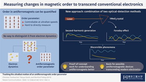 Figure 1. Measuring changes in magnetic order to transcend conventional electronics
Combination of Faraday rotation and second-harmonic generation obtained the trajectory of an optically induced coherent spin precession. The time-resolved SHG is a valuable tool for the study of antiferromagnetic spin dynamics providing complementary information that is inaccessible by other techniques.