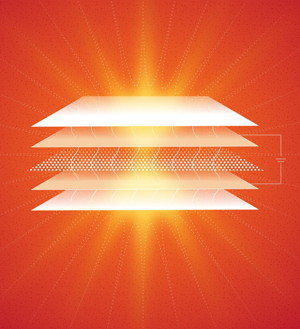 Schematic of a half-light- half-matter quasiparticle based LED developed in Vinod Menon's group using atomically thin materials.

CREDIT: Visakh Menon