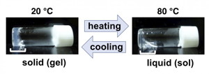 Temperature response of the peptide. It forms solid (gel) at 20 degree Celsius and liquid (sol) at 80 degree Celsius indicated by white brackets, and this feature is reversible.

CREDIT
Takahiro Muraoka, TUAT