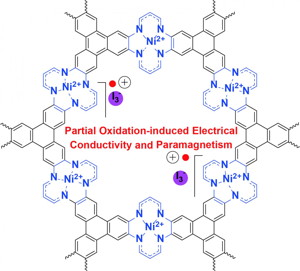 Chemical structure of iodine-doped Ni(II) tetraaza[14]annulene-linked MOF (NiTAA-MOF). While NiTAA-MOF is an insulator, the oxidized molecule acquires electrical conductivity and paramagnetism

CREDIT
IBS