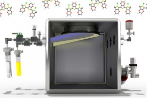 Illustration shows the apparatus used to create a thin layer of a transparent, electrically conductive material, to protect solar cells or other devices. The chemicals used to produce the layer, shown in tubes at left, are introduced into a vacuum chamber where they deposit a layer on a substrate material at top of the chamber.

Illustration courtesy of the authors, edited by MIT News