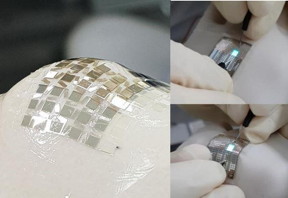 Photographs of the patterned rigid part of the substrate on the finger joint indicating 2D dimensional stretchability and images of stretchable OLEDs on a finger joint emitting green light.

CREDIT
Professor Kyung Cheol Choi, KAIST