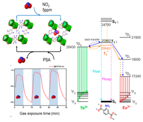 The adsorption of NO2 by lanthanide MOF modulates its luminescence. Image  American Chemical Society.