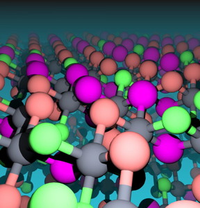 The atomic landscape of chromium halides are illustrated. The magnetic chromium atoms appear as gray spheres and the non-magnetic ligand atoms as green (chlorine), orange (bromine), and magenta (iodine) spheres.

CREDIT
Fazel Tafti