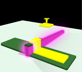 The fin LED pixel design includes the glowing zinc oxide fin (purple), isolating dielectric material (green), and metal contact (yellow atop green).

CREDIT
B. Nikoobakht / N. Hanacek, NIST