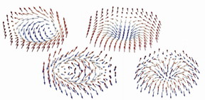 Typical skyrmion spin textures where the spin texture is indicated by the arrows.