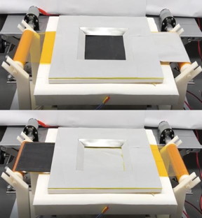 A nanomaterial sheet can be used to either bounce heat away or absorb it. Here it is in heating mode (top) and cooling mode (bottom).

CREDIT
Po-Chun Hsu, Duke Engineering