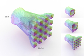 Researchers created a computational optimization pipeline that can automatically generate smooth designs for complex fluidic devices. Here, the pipeline uses 3D blocks which can vary their shape to produce a fluidic diffuser that channels liquid from one large opening to 16 smaller ones.
Credits:Credit: Yifei Li/MIT CSAIL