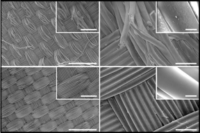 Images of uncoated (top left, right) and coated (bottom left, right) nylon-6,6 fabrics after nine washing cycles taken by a scanning electron microscope.

CREDIT
Image: Sudip Lahiri