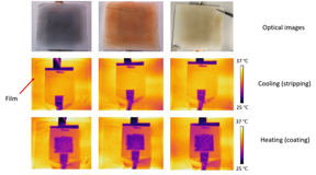 The material contains a layer that can take on two conformations: solid copper that retains most infrared heat, which helps keep the building warm; or a watery solution that emits infrared, which can help cool the building.

CREDIT
University of Chicago PME - Image courtesy of Hsu Group