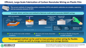 A novel method proposed by TUS researchers for the fabrication of multi-walled carbon nanotubes on flexible substrates, such as plastic films, eliminates many of the drawbacks of conventional techniques and can be used to mass-produce carbon wiring for flexible all-carbon electronic devices.

CREDIT
Takashi Ikuno from TUS, Japan