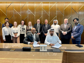 Landmark $1billion signing: pictured is Dr Vivek Koncherry, CEO of Graphene Innovations Manchester (front, left), based in the Graphene Engineering Innovation Centre in Manchester, UK, signing a Memorandum of Understanding with Waleed Al Ali, CEO of Quazar Investment Company (UAE) (front, right), who will be active in helping to bring a new graphene company to successful, large-scale commercialisation.

CREDIT
Quazar Investment