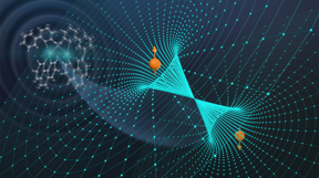 A molecule with two platinum atoms absorbs a photon and starts to vibrate. The vibration enables the molecules electron spin to flip, allowing the system to simultaneously change electronic states in a phenomenon called inter-system crossing. (Image by Ellen Weiss.)