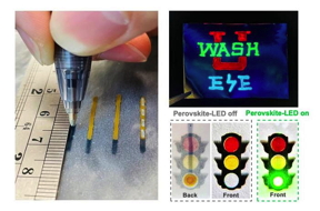 Junyi Zhao in the McKelvey School of Engineering demonstrates using a simple ballpoint pen to write custom LEDs on paper (left). The same pens can be used to draw multicolored designs on aluminum foil (top right) and to create light up sketches (bottom right).

CREDIT
Courtesy of Wang lab, Washington University in St. Louis